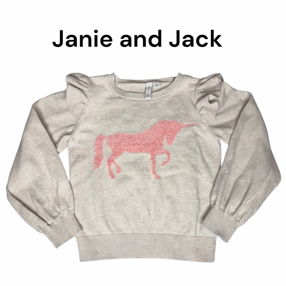 Janie and Jack Girls Pink Unicorn Ruffle Pullover Sweater Size 6
